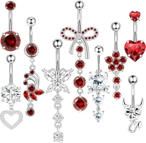 14G Belly Button ring Dangle Belly Rings Surgical Stainless Steel Cute Bow Butterfly Heart Flower Dangling Belly Button Piercing Jewelry For Women Silver Dainty Dangly Navel Ring