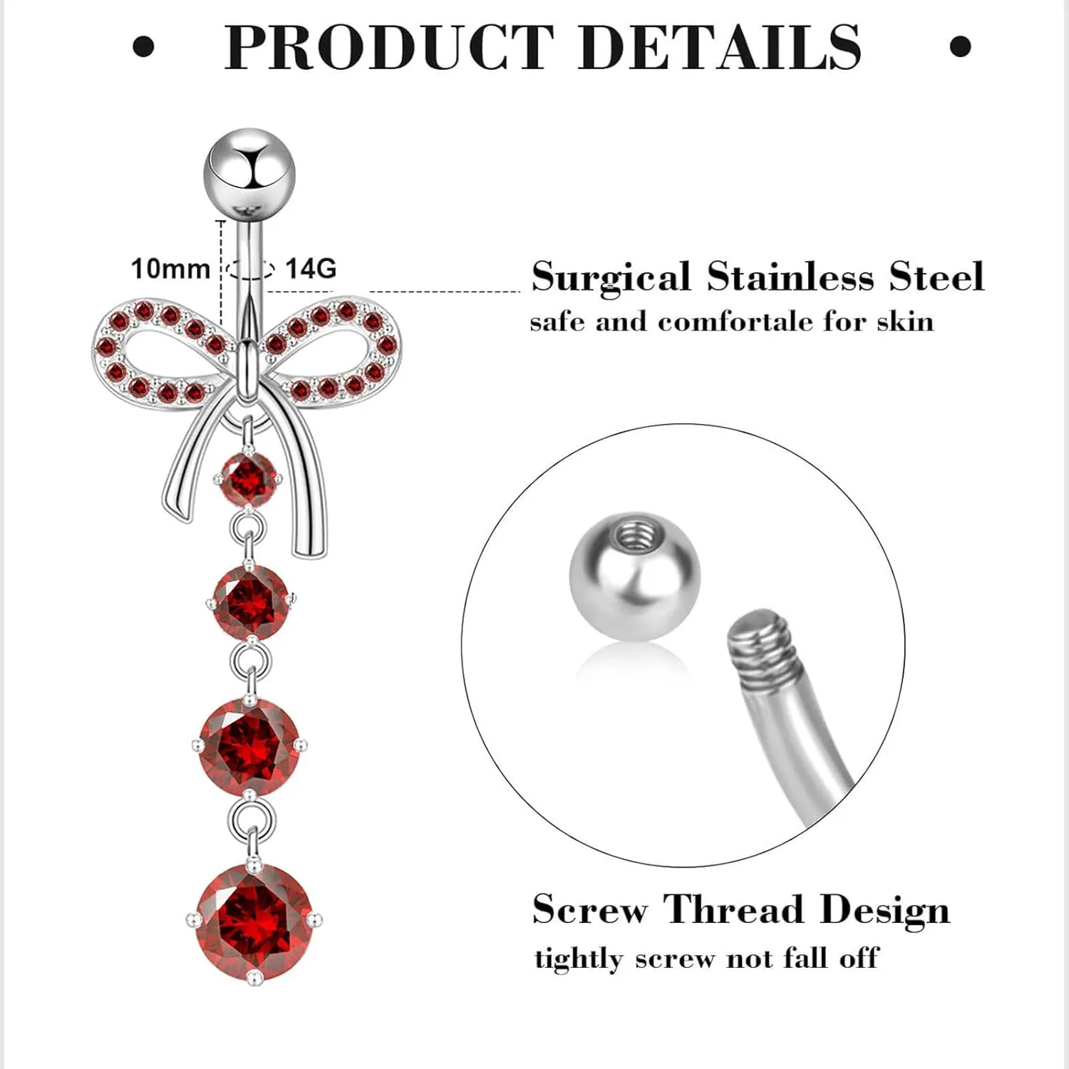 14G Belly Button ring Dangle Belly Rings Surgical Stainless Steel Cute Bow Butterfly Heart Flower Dangling Belly Button Piercing Jewelry For Women Silver Dainty Dangly Navel Ring