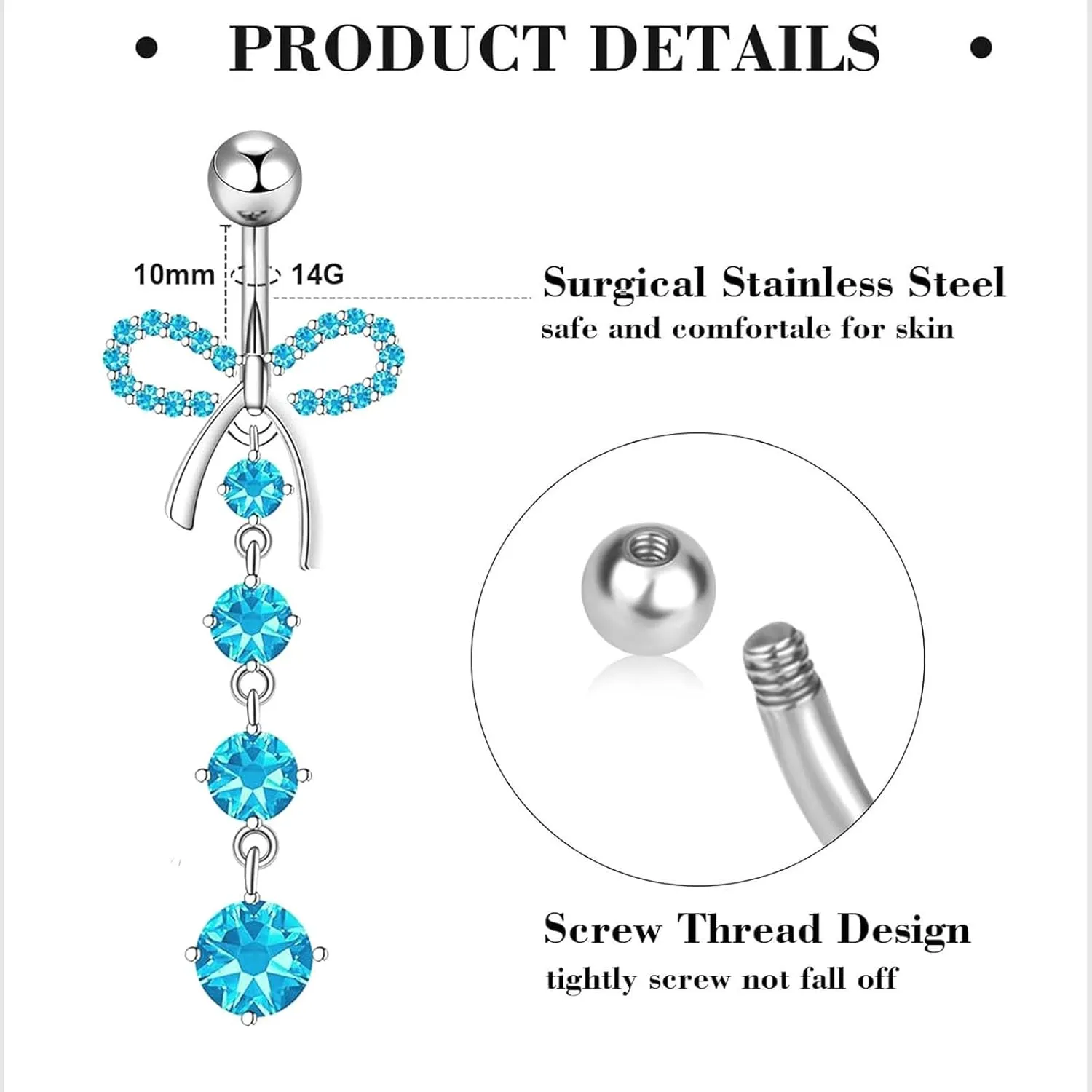 14G Belly Button ring Dangle Belly Rings Surgical Stainless Steel Cute Bow Butterfly Heart Flower Dangling Belly Button Piercing Jewelry For Women Silver Dainty Dangly Navel Ring