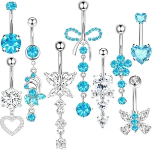 14G Belly Button ring Dangle Belly Rings Surgical Stainless Steel Cute Bow Butterfly Heart Flower Dangling Belly Button Piercing Jewelry For Women Silver Dainty Dangly Navel Ring