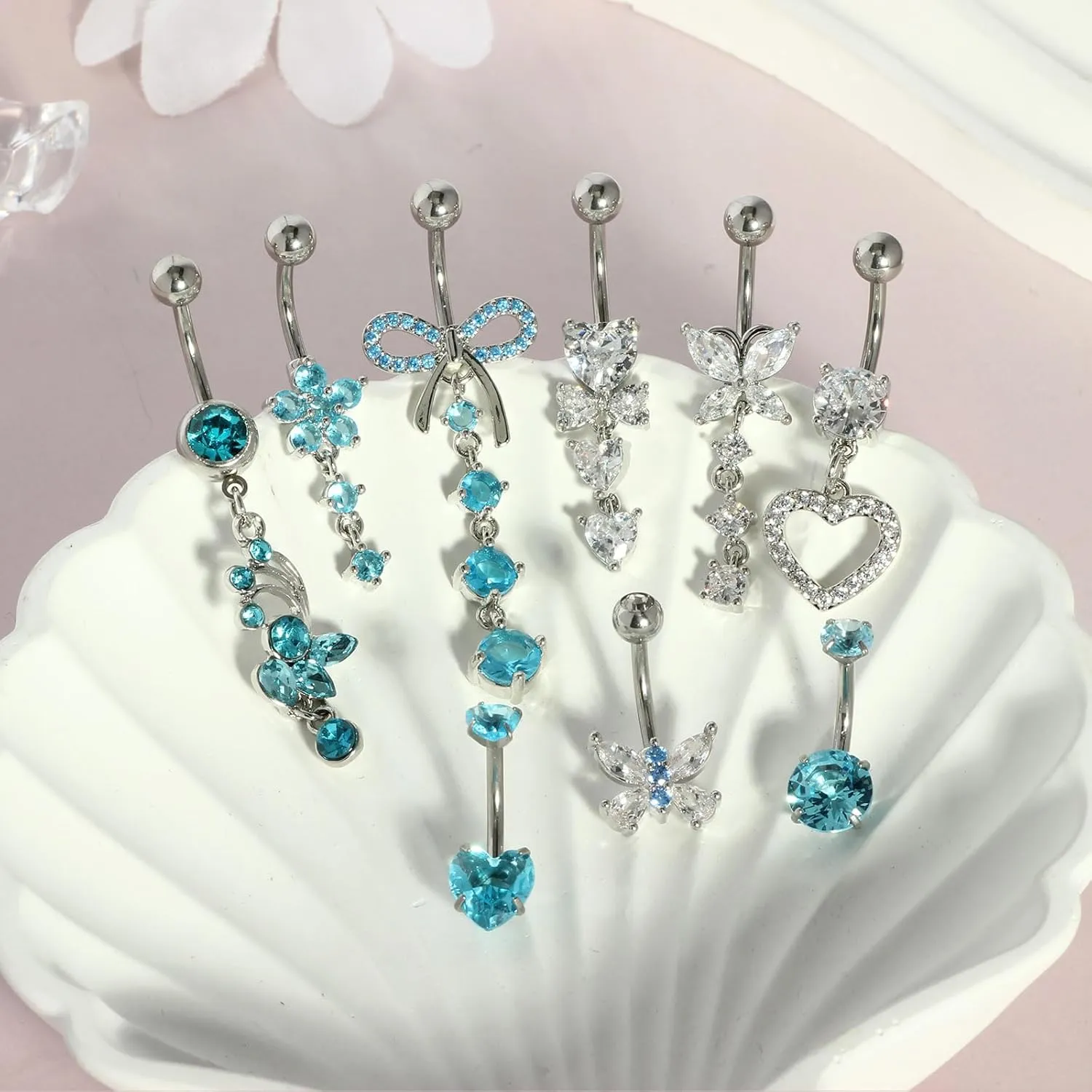 14G Belly Button ring Dangle Belly Rings Surgical Stainless Steel Cute Bow Butterfly Heart Flower Dangling Belly Button Piercing Jewelry For Women Silver Dainty Dangly Navel Ring