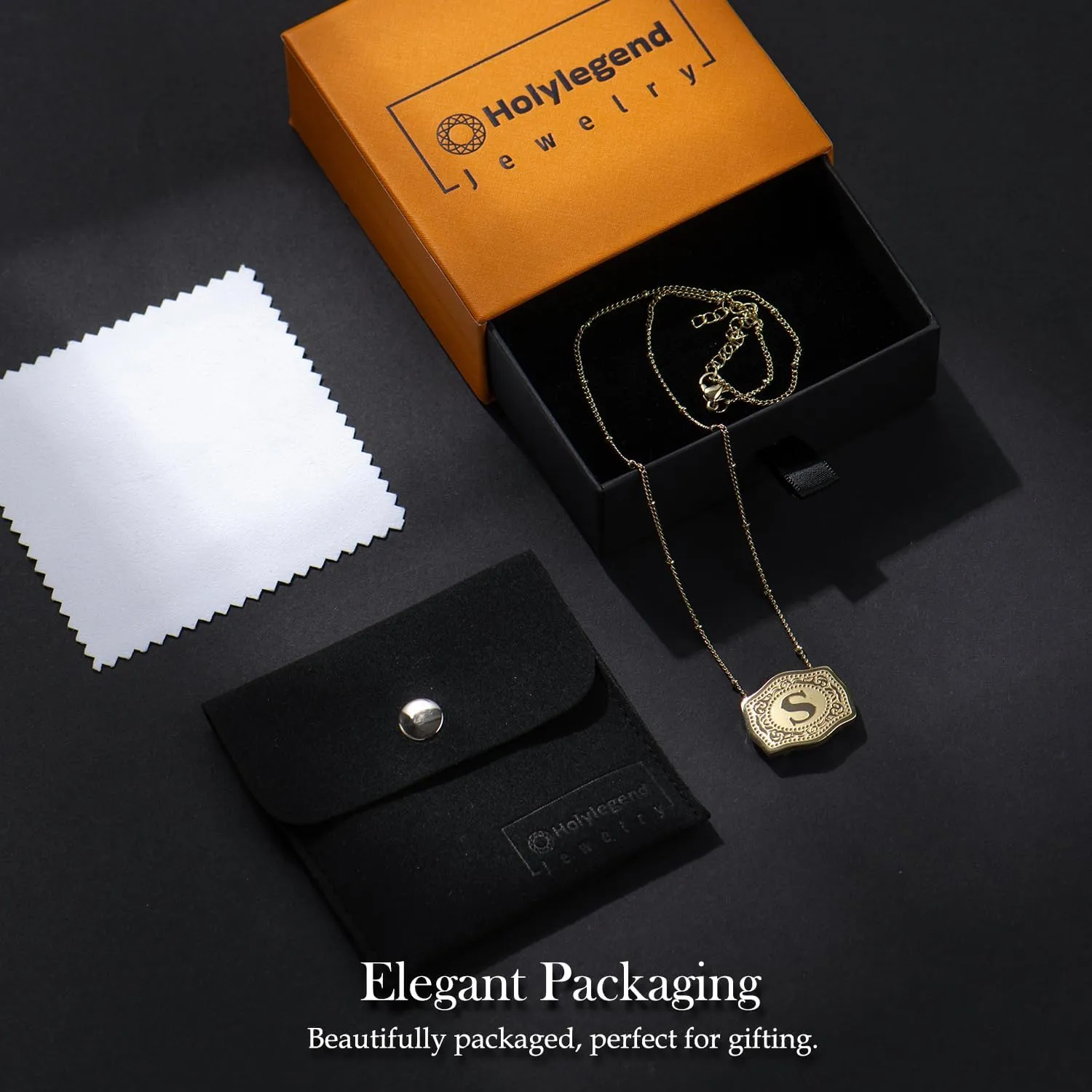 14K Gold-Plated Initial Letter Pendant Necklace with Embossed Belt Buckle, Buy 1 Get 2 Chains, Personalized Necklace for Women
