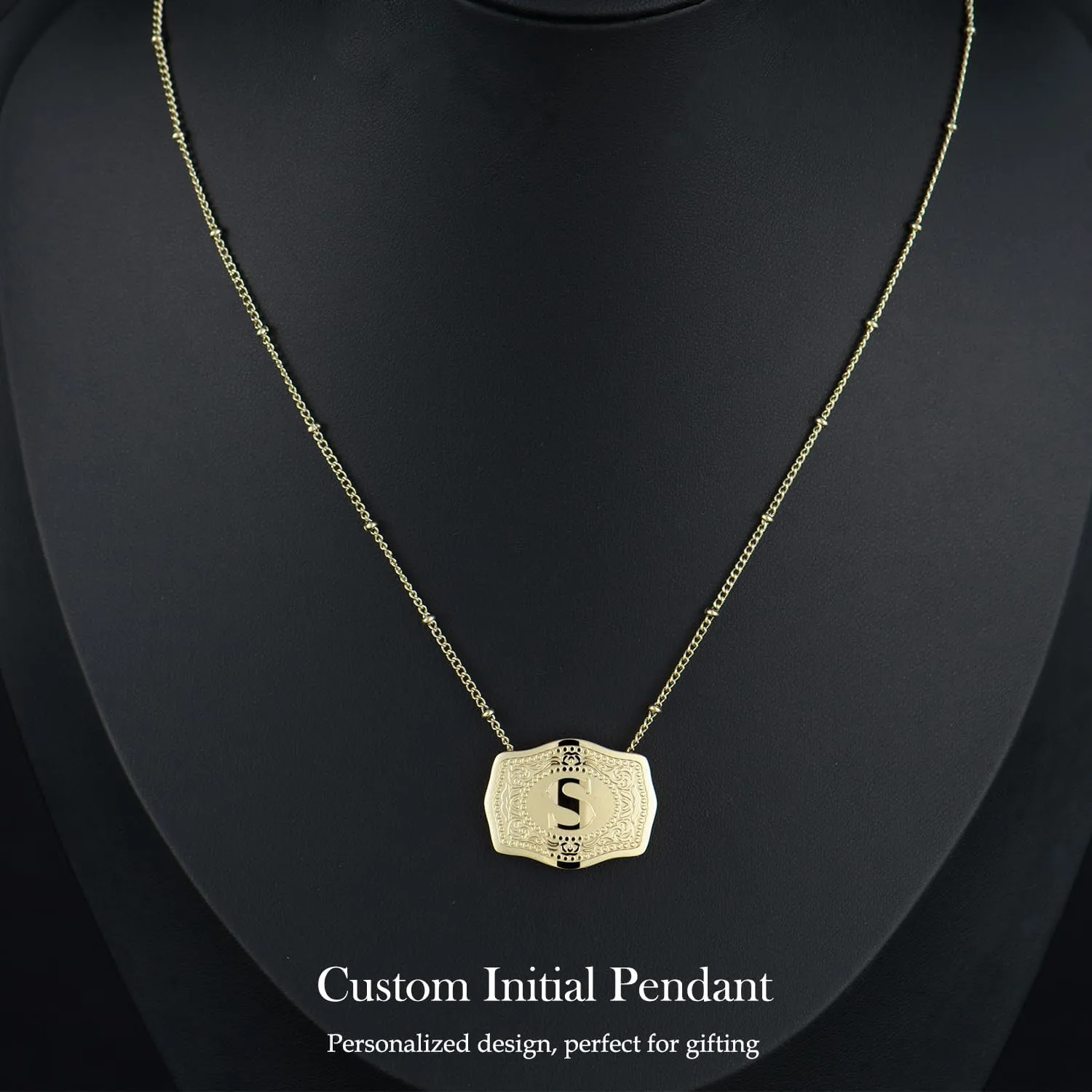 14K Gold-Plated Initial Letter Pendant Necklace with Embossed Belt Buckle, Buy 1 Get 2 Chains, Personalized Necklace for Women