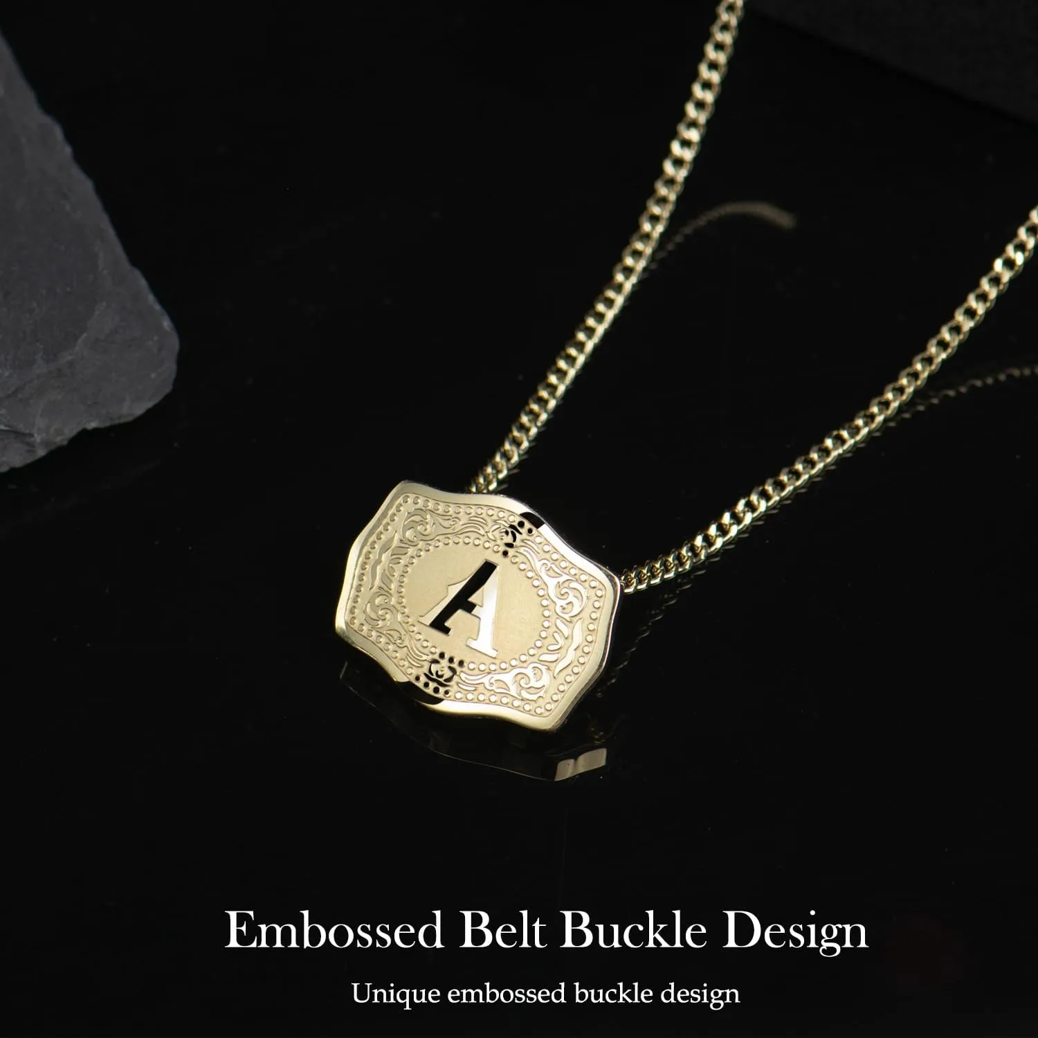 14K Gold-Plated Initial Letter Pendant Necklace with Embossed Belt Buckle, Buy 1 Get 2 Chains, Personalized Necklace for Women