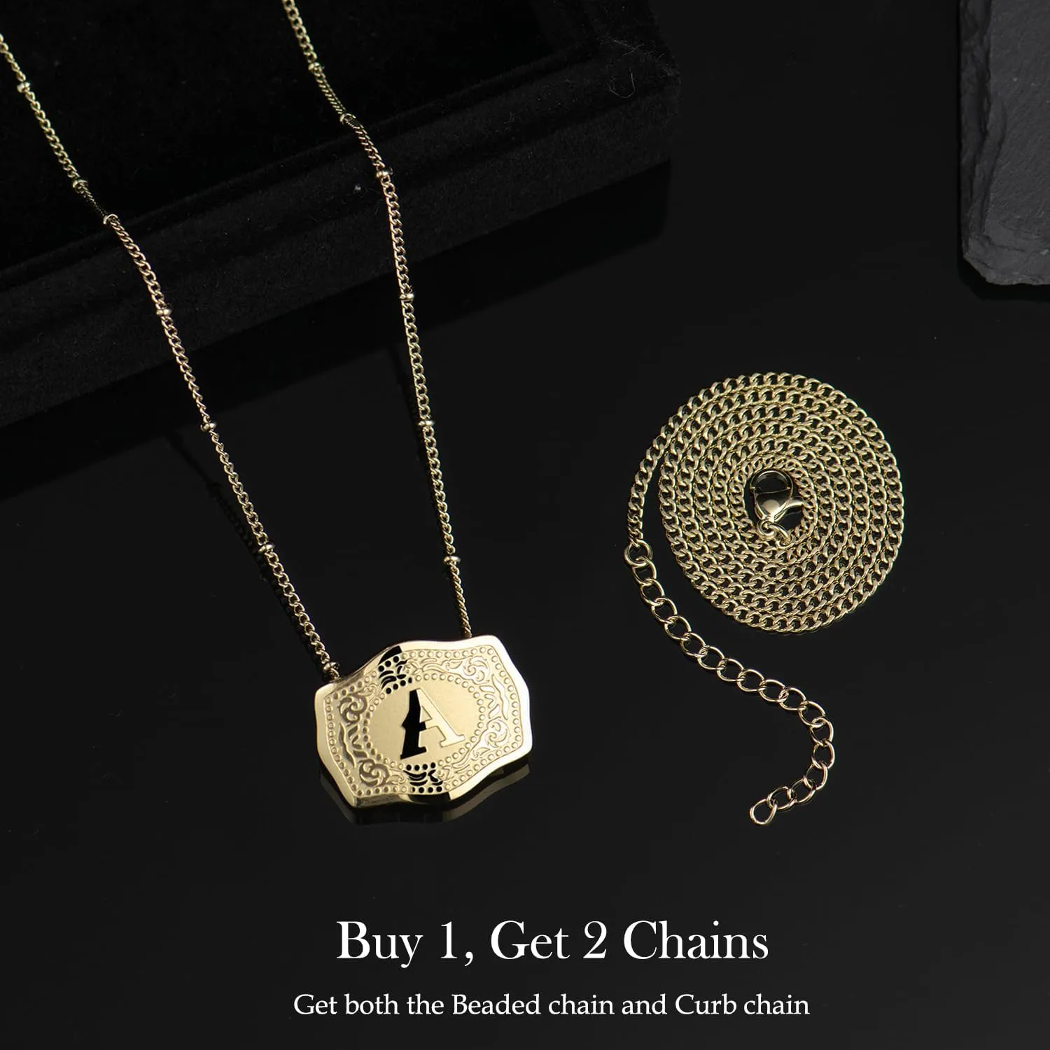 14K Gold-Plated Initial Letter Pendant Necklace with Embossed Belt Buckle, Buy 1 Get 2 Chains, Personalized Necklace for Women