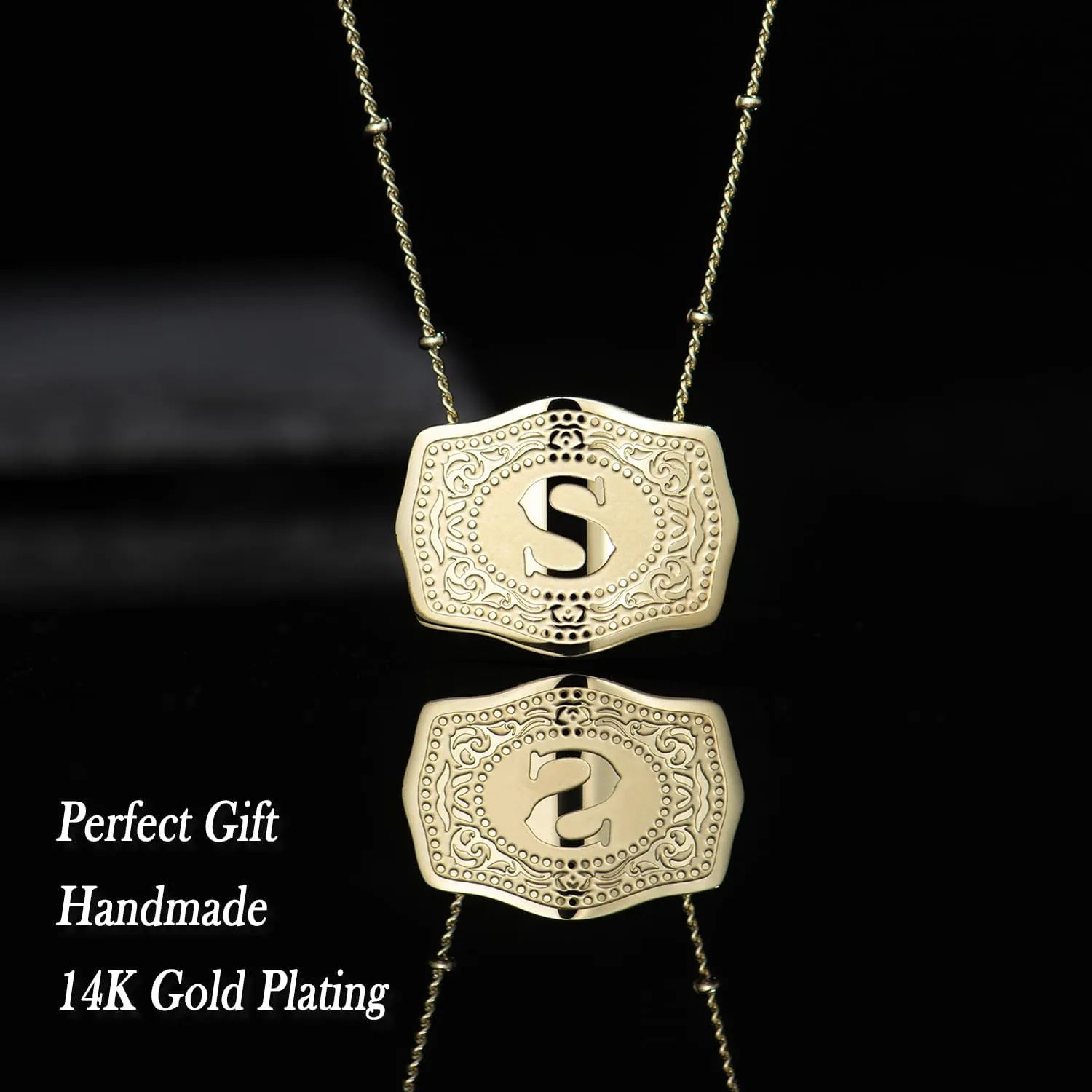 14K Gold-Plated Initial Letter Pendant Necklace with Embossed Belt Buckle, Buy 1 Get 2 Chains, Personalized Necklace for Women