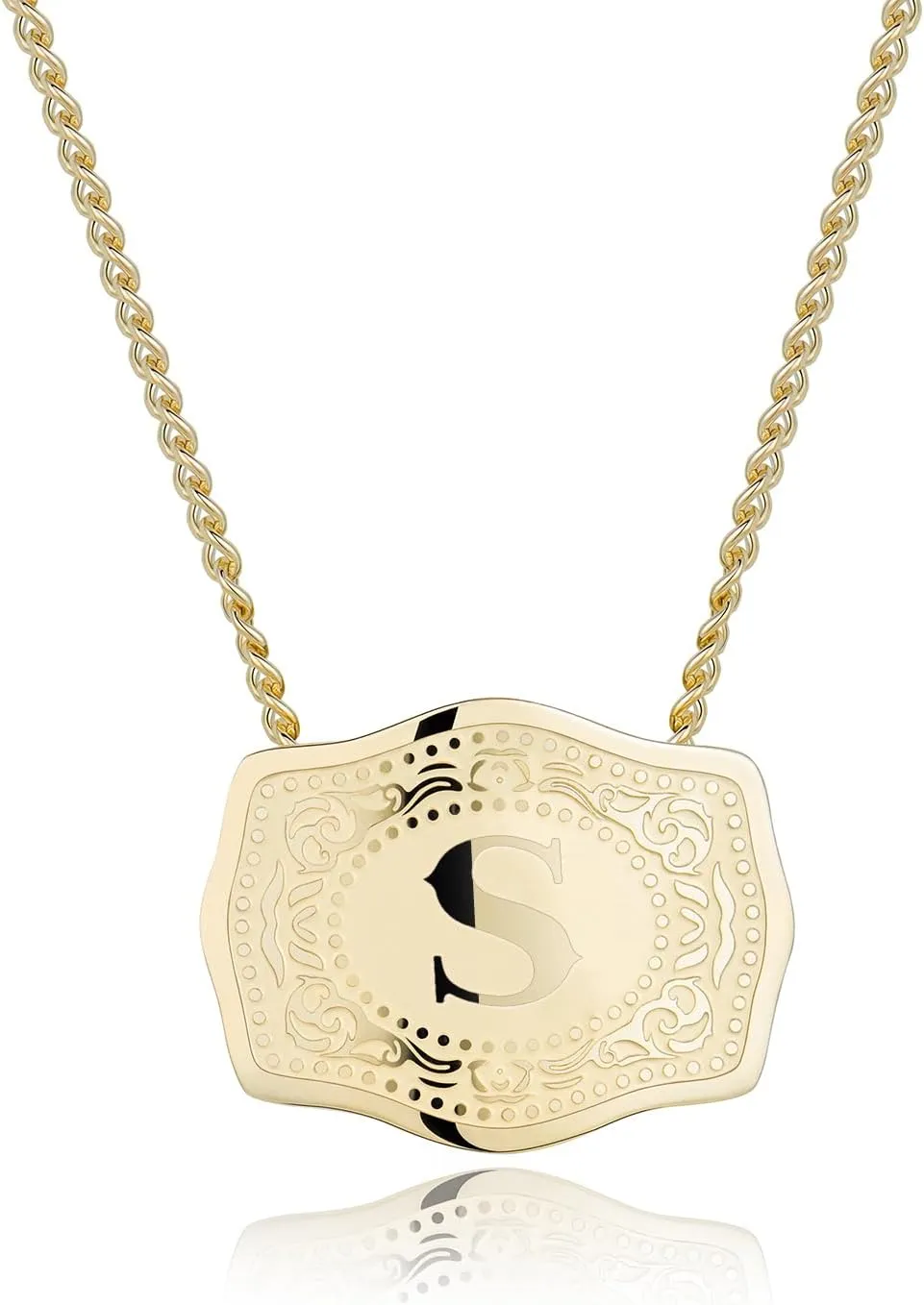 14K Gold-Plated Initial Letter Pendant Necklace with Embossed Belt Buckle, Buy 1 Get 2 Chains, Personalized Necklace for Women
