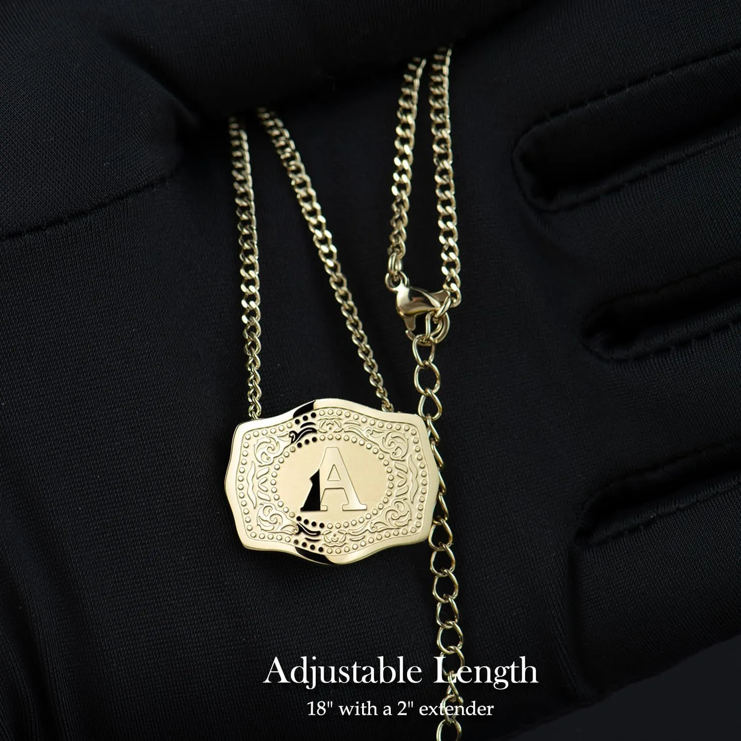 14K Gold-Plated Initial Letter Pendant Necklace with Embossed Belt Buckle, Buy 1 Get 2 Chains, Personalized Necklace for Women