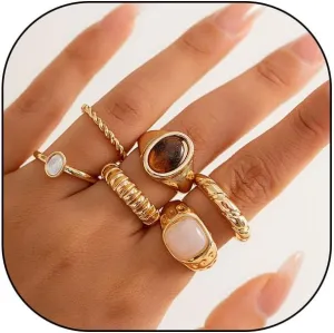 14K Gold Plated Stackable Knuckle Rings Set for Women Trendy Chunky Simulation Gemstone Signet Rings Dainty Midi Finger Rings Pack Aesthetic Statement Jewelry for Bridesmaid Wedding Gifts