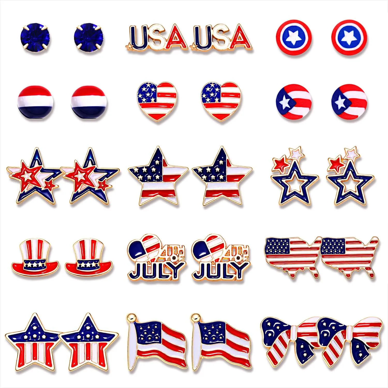 16Pairs Patriotic Earrings 4th of July American Flag Earrings for Women Enamel Heart Star Butterfly USA Stud Earrings Set Independence Day Jewelry Gifts