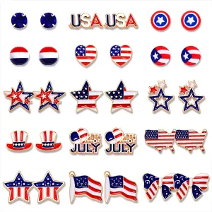 16Pairs Patriotic Earrings 4th of July American Flag Earrings for Women Enamel Heart Star Butterfly USA Stud Earrings Set Independence Day Jewelry Gifts