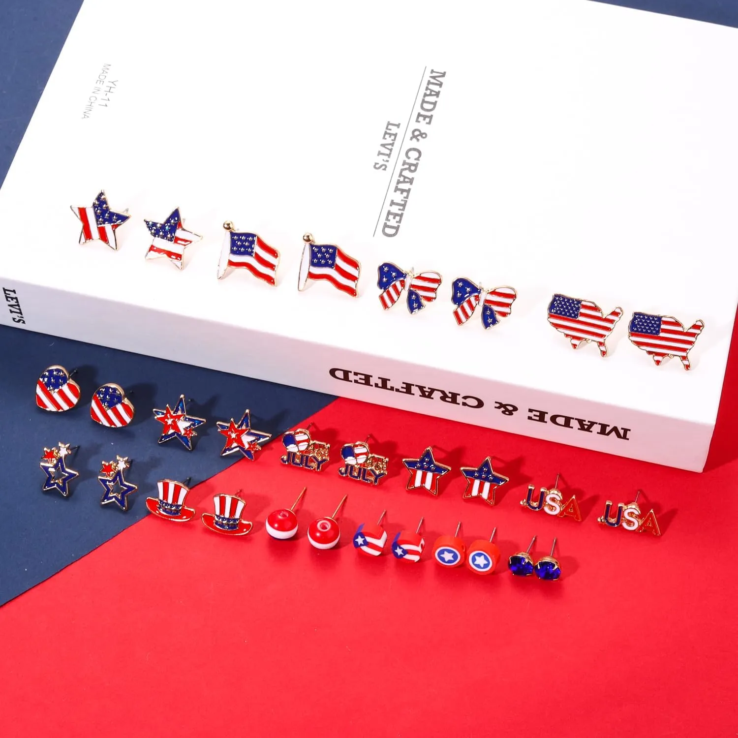16Pairs Patriotic Earrings 4th of July American Flag Earrings for Women Enamel Heart Star Butterfly USA Stud Earrings Set Independence Day Jewelry Gifts
