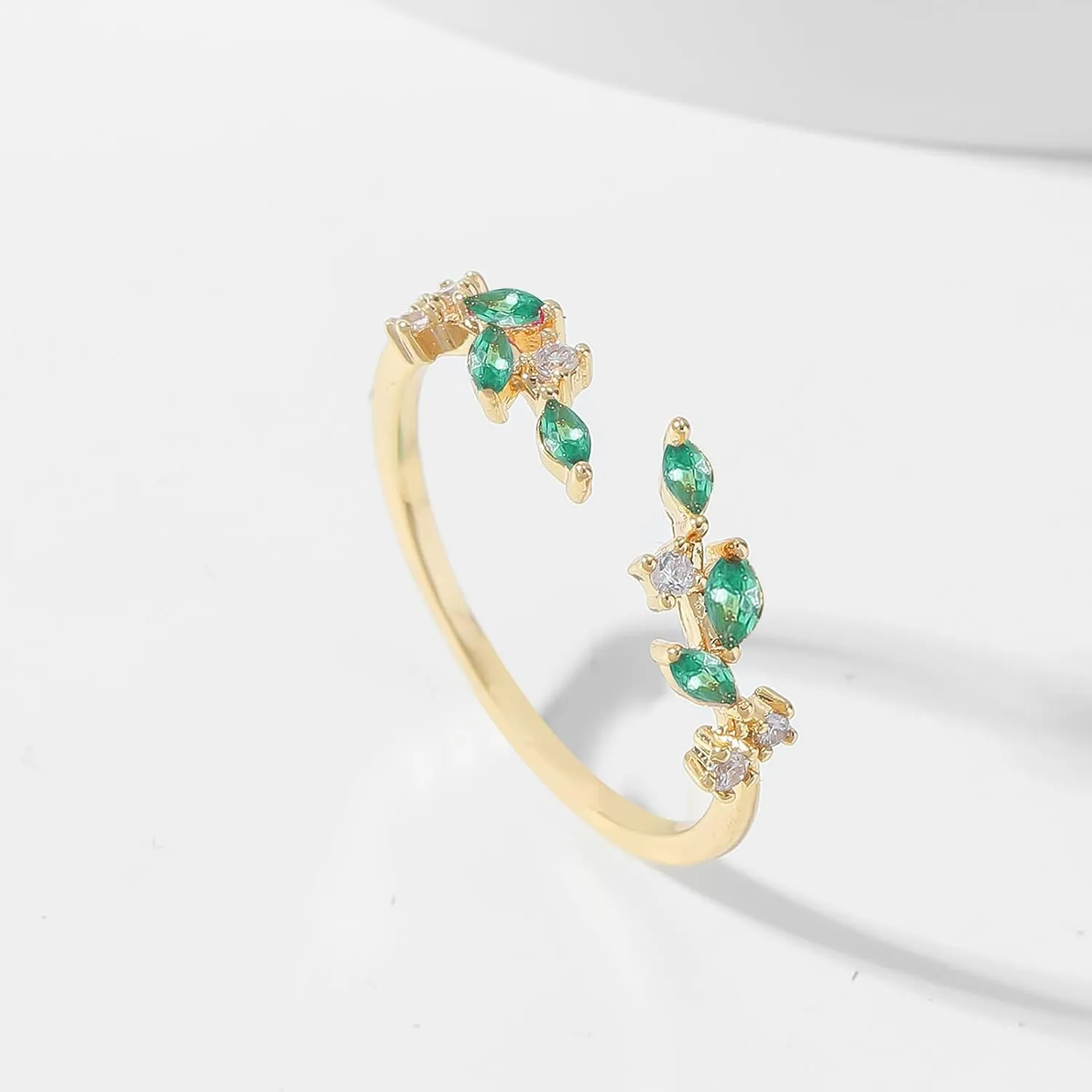 18K Gold Plated Ring Open Adjustable Ring Cubic Zirconia Leaf Ring for Women Dainty Stackable Rings for Women