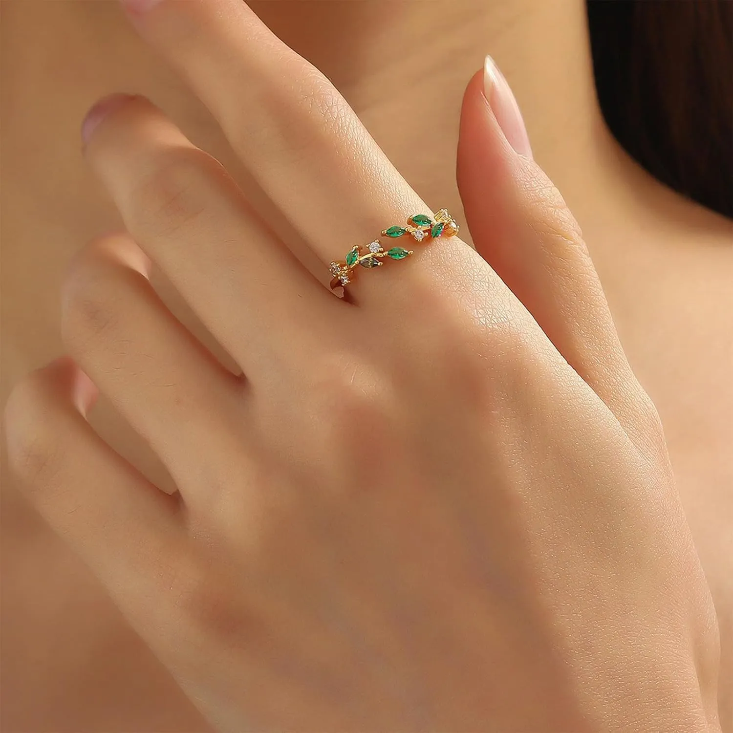 18K Gold Plated Ring Open Adjustable Ring Cubic Zirconia Leaf Ring for Women Dainty Stackable Rings for Women