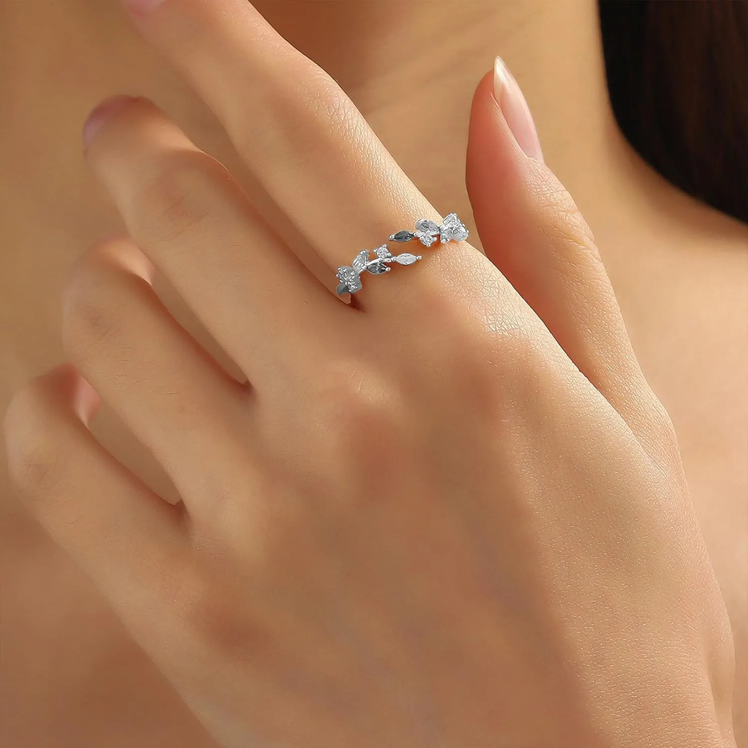 18K Gold Plated Ring Open Adjustable Ring Cubic Zirconia Leaf Ring for Women Dainty Stackable Rings for Women