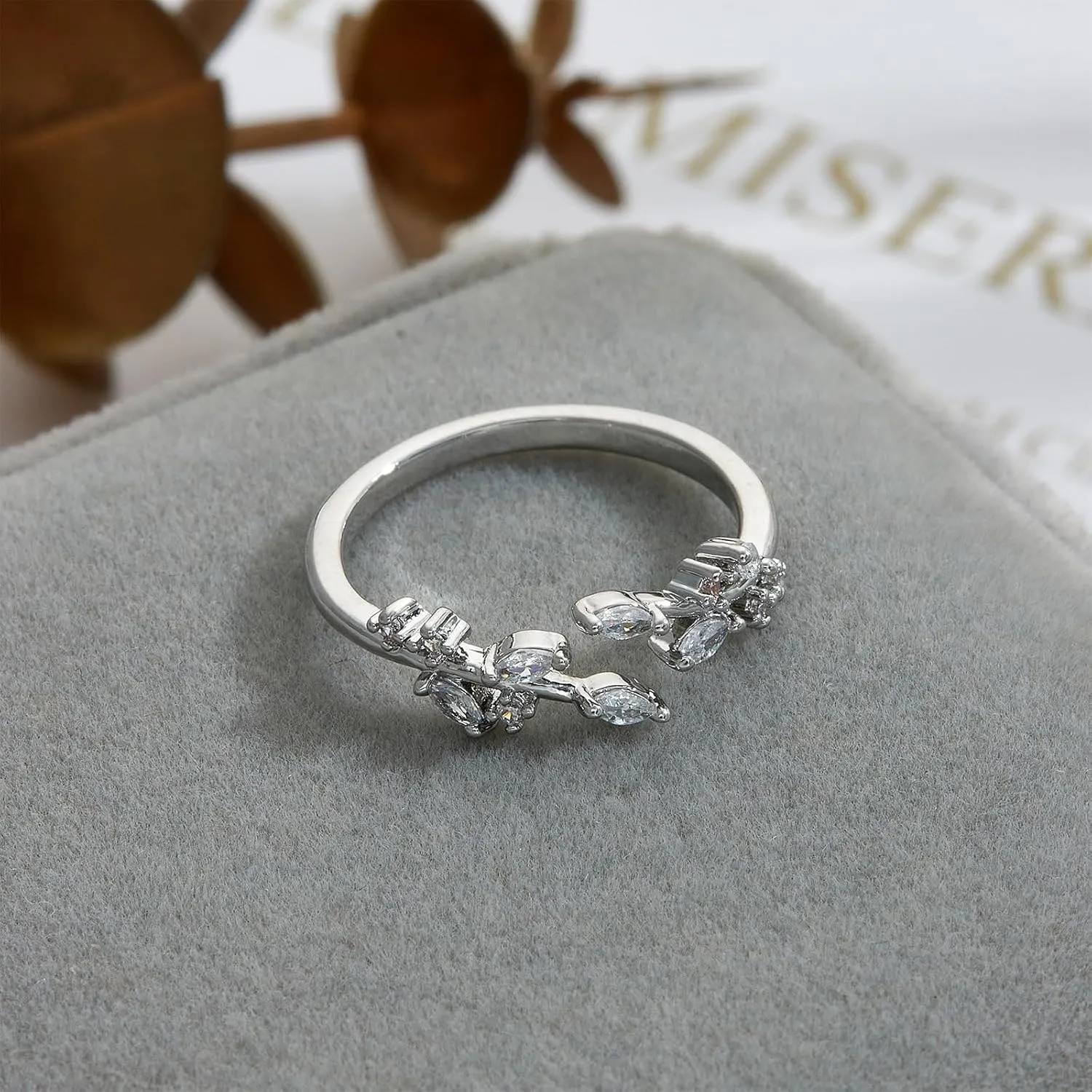 18K Gold Plated Ring Open Adjustable Ring Cubic Zirconia Leaf Ring for Women Dainty Stackable Rings for Women