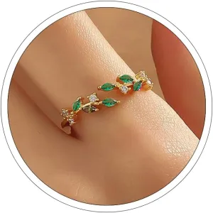 18K Gold Plated Ring Open Adjustable Ring Cubic Zirconia Leaf Ring for Women Dainty Stackable Rings for Women