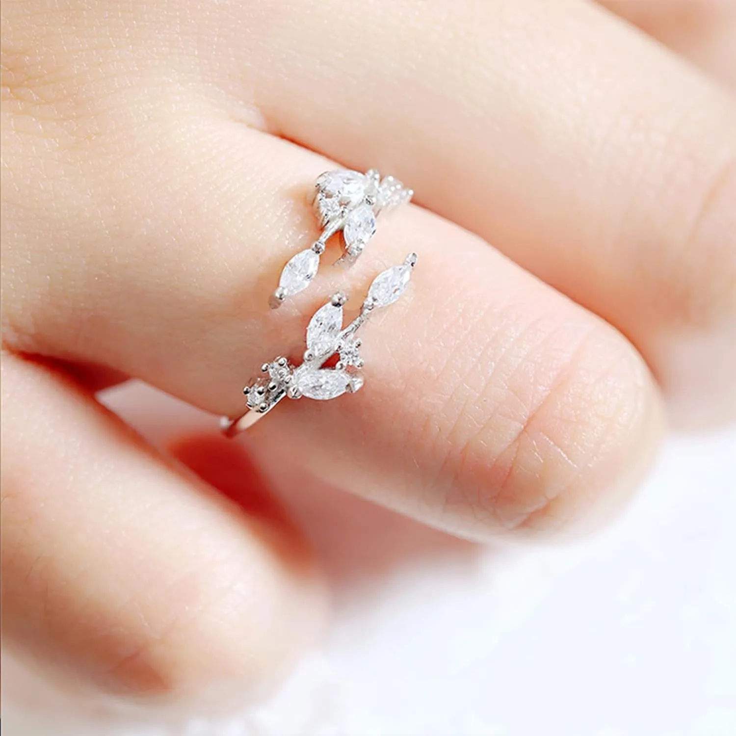 18K Gold Plated Ring Open Adjustable Ring Cubic Zirconia Leaf Ring for Women Dainty Stackable Rings for Women