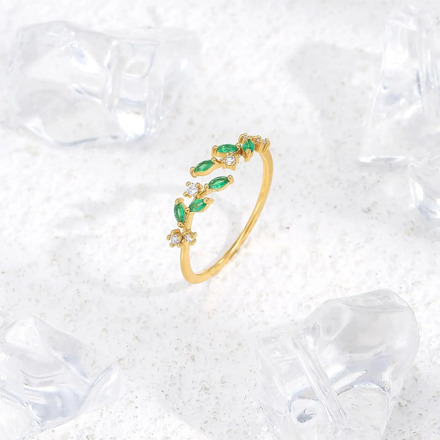18K Gold Plated Ring Open Adjustable Ring Cubic Zirconia Leaf Ring for Women Dainty Stackable Rings for Women