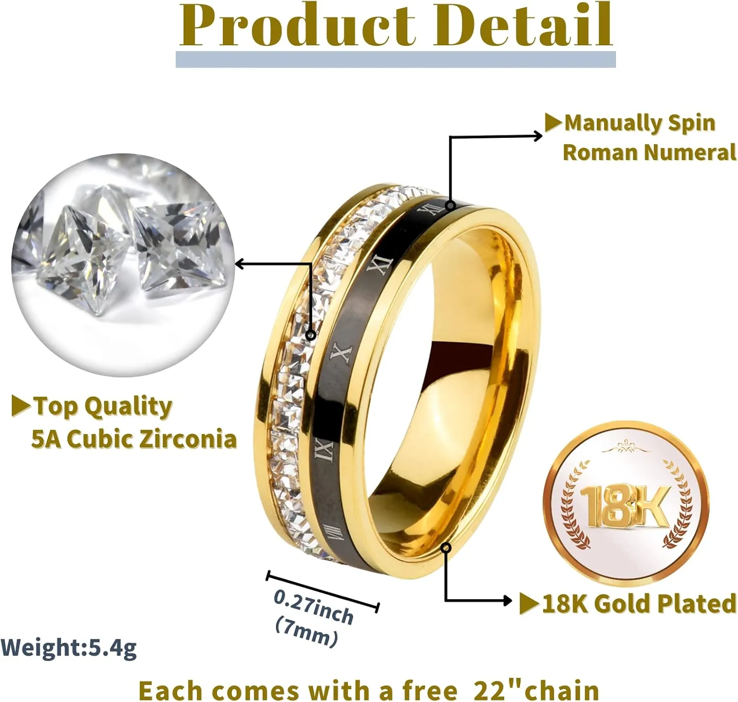18K Gold Plated Roman Numeral Cubic Zirconia Ring for Men, Square CZ Gold Rings for Men, Spinner Silver Mens Rings Stainless Steel Size 5-13