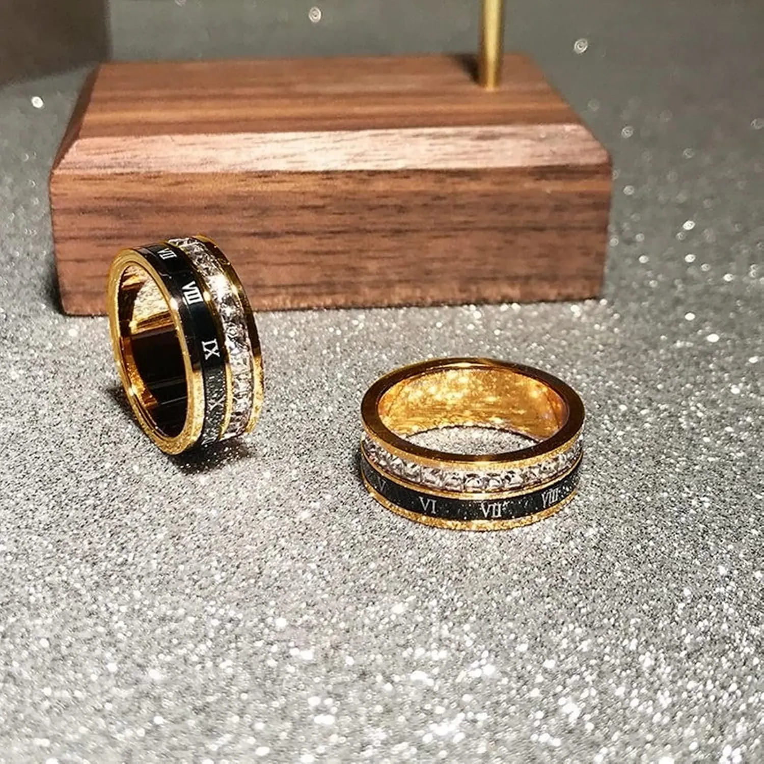 18K Gold Plated Roman Numeral Cubic Zirconia Ring for Men, Square CZ Gold Rings for Men, Spinner Silver Mens Rings Stainless Steel Size 5-13