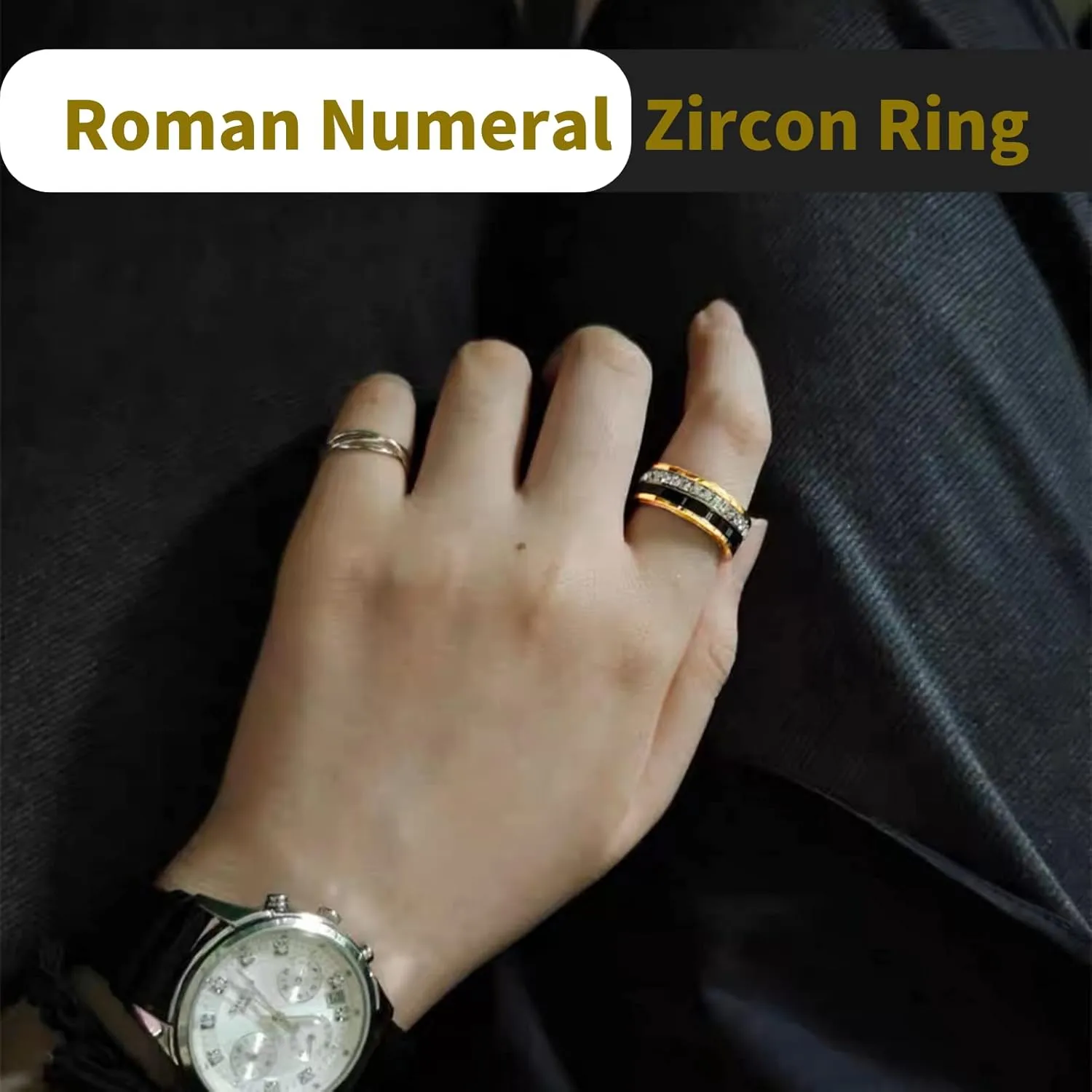 18K Gold Plated Roman Numeral Cubic Zirconia Ring for Men, Square CZ Gold Rings for Men, Spinner Silver Mens Rings Stainless Steel Size 5-13
