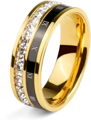 18K Gold Plated Roman Numeral Cubic Zirconia Ring for Men, Square CZ Gold Rings for Men, Spinner Silver Mens Rings Stainless Steel Size 5-13