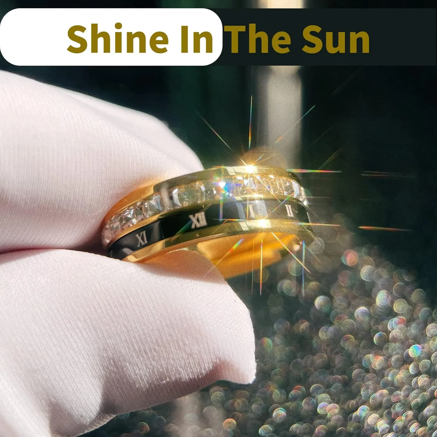 18K Gold Plated Roman Numeral Cubic Zirconia Ring for Men, Square CZ Gold Rings for Men, Spinner Silver Mens Rings Stainless Steel Size 5-13