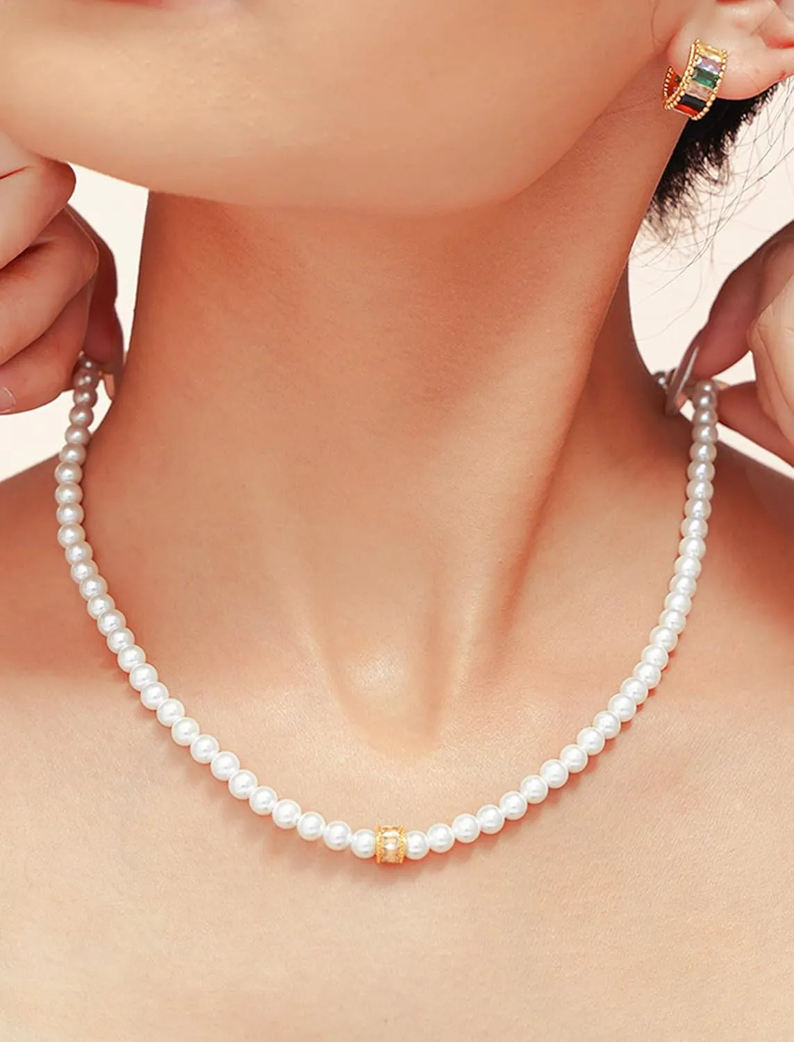 18K Gold Plated White Pearl Necklaces for Women,3mm-5mm Small Pearls Choker with Heart Block Barrel Pendant, Dainty Beaded Chain, Mother's Day Gifts