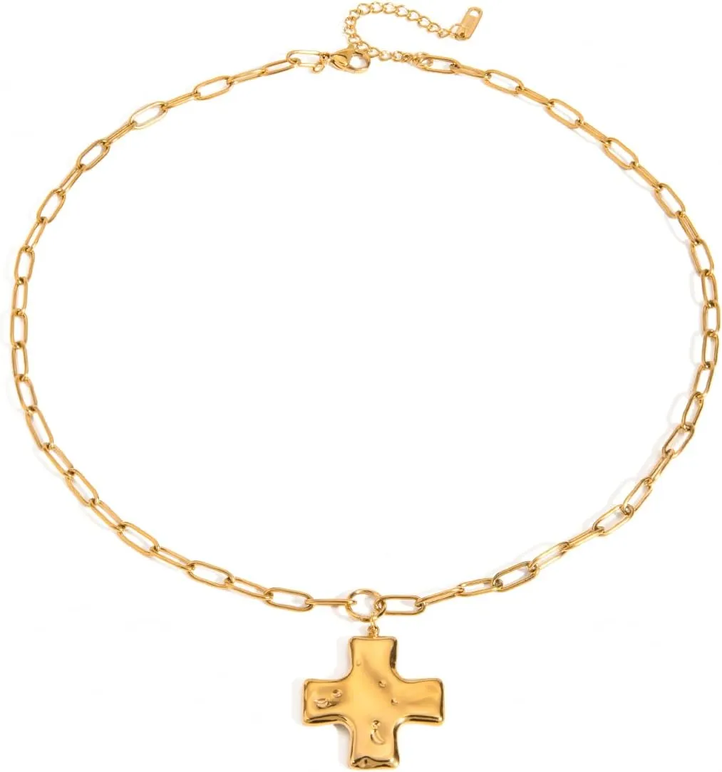 18k Gold Stainless Steel Hammered Cross Pendant Paperclip Chain Necklace 44.5 5cm | Modern Cross Necklace | Trendy Paperclip Chain Jewelry