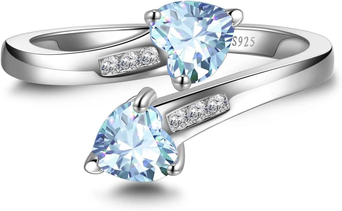 1CT Adjustable Women Heart Ring 925 Sterling Silver Birthstone Rings for Women Promise Ring for her Simulated Gemstone Statement Stackable Band Width 2mm Open Size 5~9