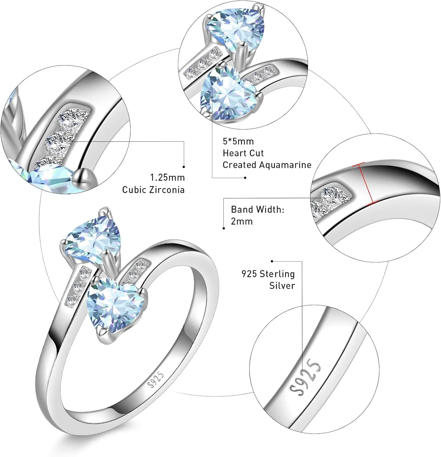 1CT Adjustable Women Heart Ring 925 Sterling Silver Birthstone Rings for Women Promise Ring for her Simulated Gemstone Statement Stackable Band Width 2mm Open Size 5~9