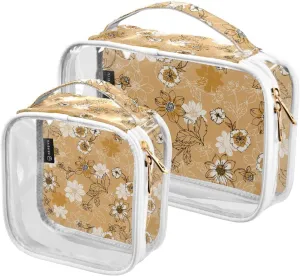 2 Pack Portable Travel Clear Cosmetic Toiletry Bags with Double Zippers for Men Women, Yellow-floral-patterns Waterproof Storage Carry Pouch with Handle, Tote Bags for Bathroom Traveling Vacation Org