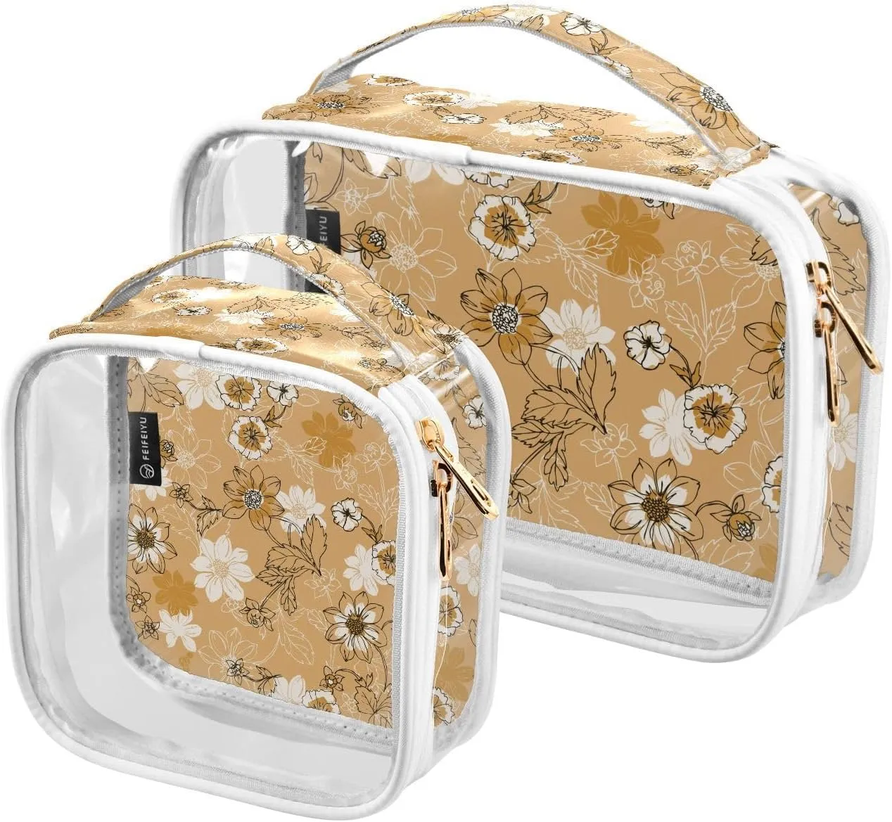 2 Pack Portable Travel Clear Cosmetic Toiletry Bags with Double Zippers for Men Women, Yellow-floral-patterns Waterproof Storage Carry Pouch with Handle, Tote Bags for Bathroom Traveling Vacation Org