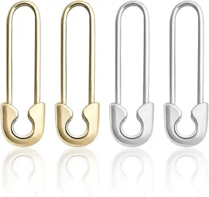 2 Pair Safety Pin Earrings Silver and Gold Plated Funky Cartilage Dangle Hoop Earrings Emo Jewelry for Women Smoke and Soda Tab Style Minimalist Personalized Design