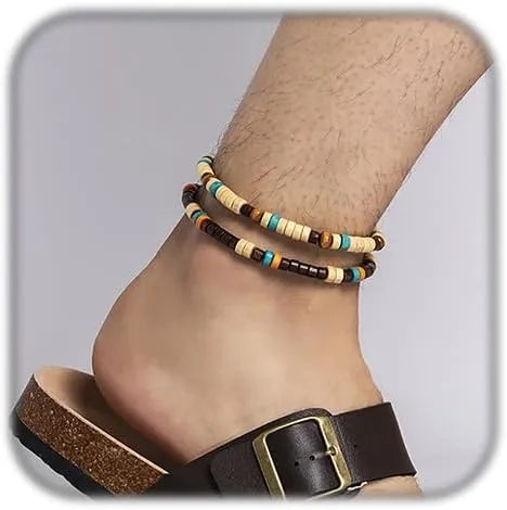 2 Pcs Woven Beaded Bracelets Anklets for Women Men Adjustable Summer Beach Waterproof Draw String Anklets Handmade Colorful Beaded Braided Ankle Bracelet for Surfer Wave Friendship Anklet