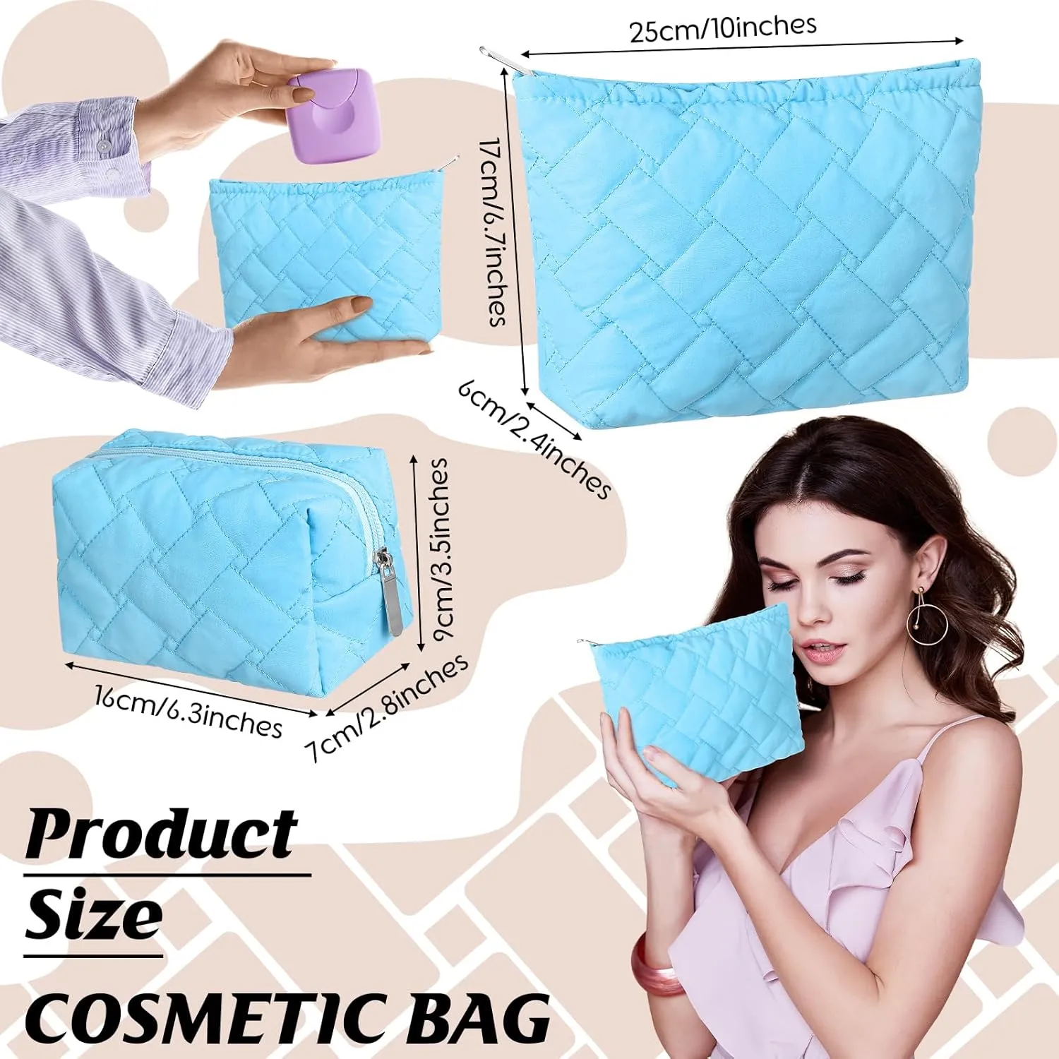 2 Pieces Quilted Makeup Bag Set for Women,Cosmetic Bag,Preppy Travel Make Up Bags for Women,Cute Puffer Travel Makeup Toiletry Bags Set, Easter Birthday Gifts for Teen Girls(Blue)