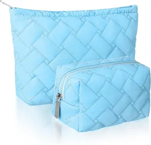 2 Pieces Quilted Makeup Bag Set for Women,Cosmetic Bag,Preppy Travel Make Up Bags for Women,Cute Puffer Travel Makeup Toiletry Bags Set, Easter Birthday Gifts for Teen Girls(Blue)