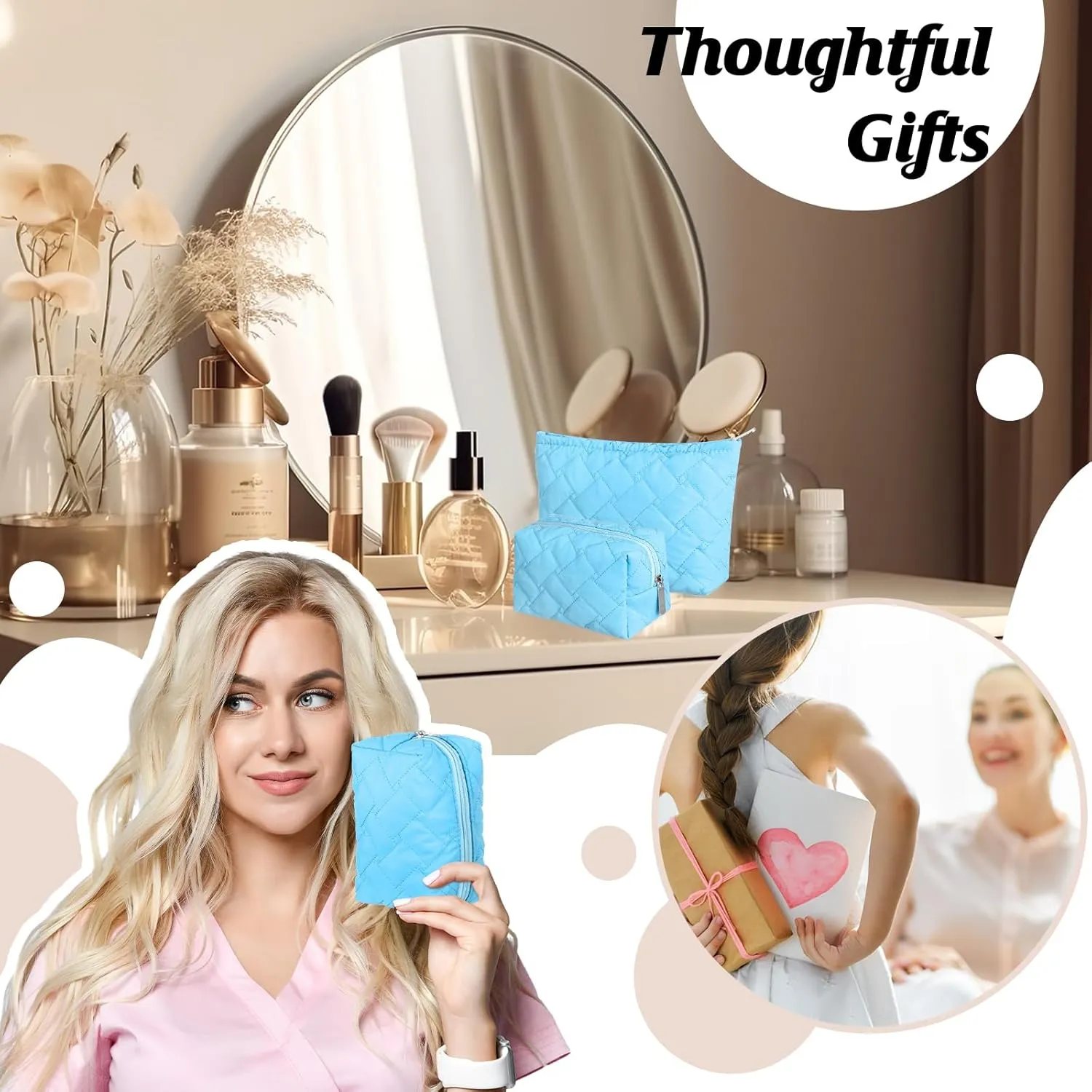 2 Pieces Quilted Makeup Bag Set for Women,Cosmetic Bag,Preppy Travel Make Up Bags for Women,Cute Puffer Travel Makeup Toiletry Bags Set, Easter Birthday Gifts for Teen Girls(Blue)