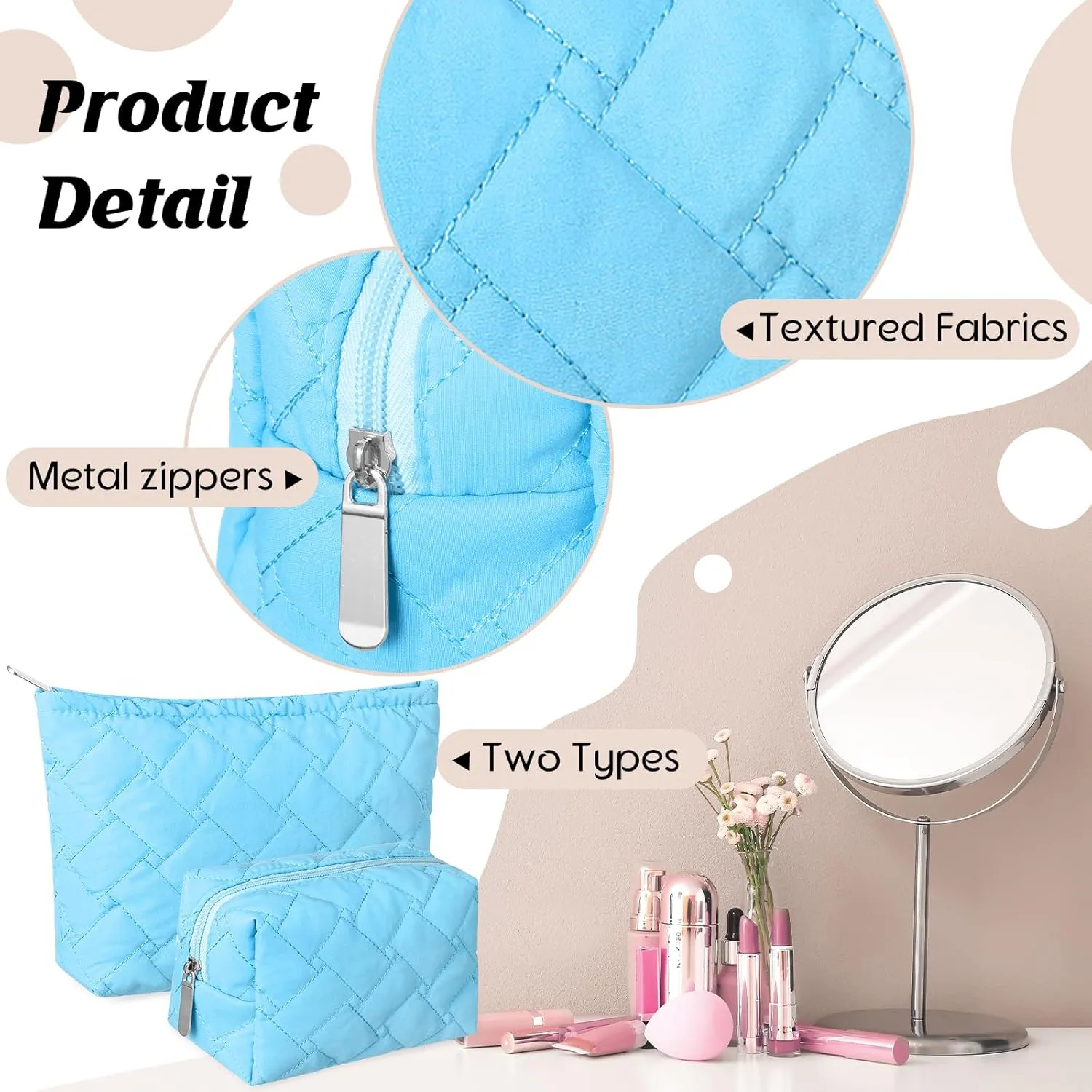 2 Pieces Quilted Makeup Bag Set for Women,Cosmetic Bag,Preppy Travel Make Up Bags for Women,Cute Puffer Travel Makeup Toiletry Bags Set, Easter Birthday Gifts for Teen Girls(Blue)