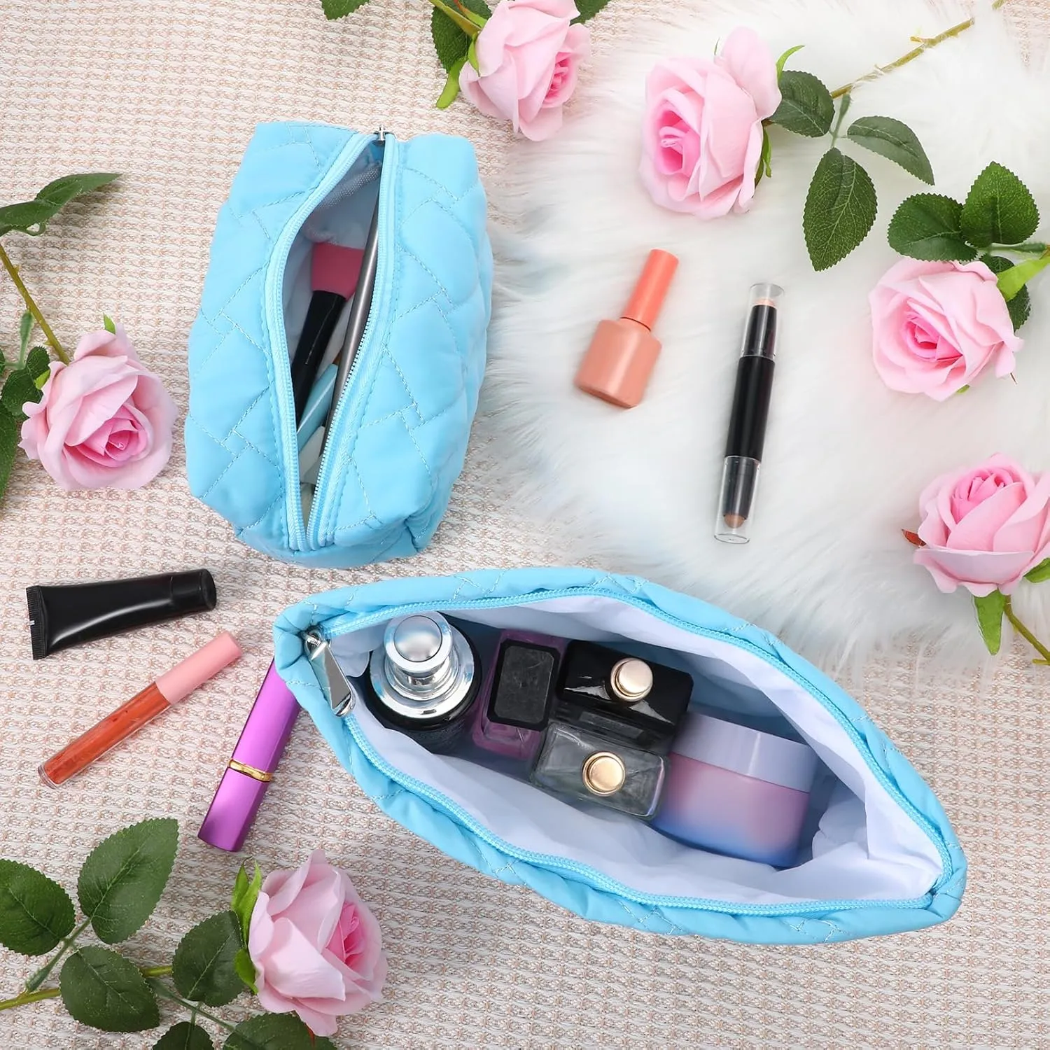 2 Pieces Quilted Makeup Bag Set for Women,Cosmetic Bag,Preppy Travel Make Up Bags for Women,Cute Puffer Travel Makeup Toiletry Bags Set, Easter Birthday Gifts for Teen Girls(Blue)