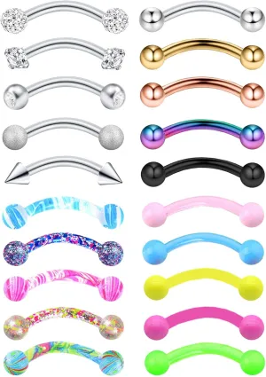 20-48Pcs 16G Eyebrow Piercing Rook Curved Barbell Kit Eyebrow Tragus Lip Rings for Women Men 8-10mm