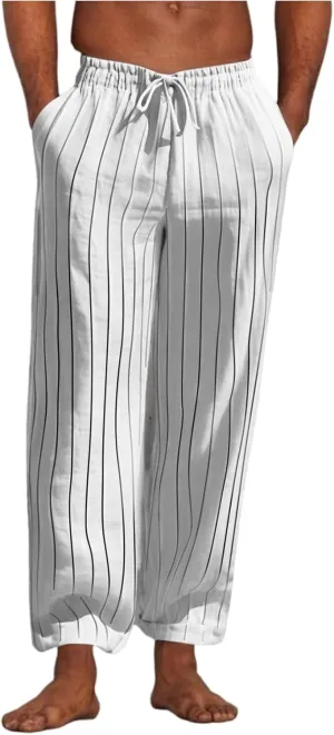 2025 Men's Linen Striped Pants Stretch Waist Comfortable Breathable Straight Pants