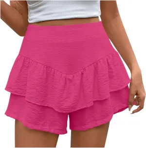 2025 Women's Summer Solid Color Shorts Ruffled High-Waisted Pleated Culotte Shorts  Trendy Casual Comfort Stretch