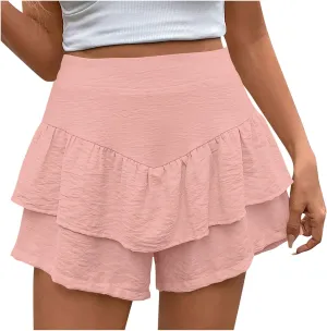 2025 Women's Summer Solid Color Shorts Ruffled High-Waisted Pleated Culotte Shorts  Trendy Casual Comfort Stretch