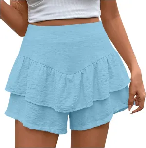 2025 Women's Summer Solid Color Shorts Ruffled High-Waisted Pleated Culotte Shorts  Trendy Casual Comfort Stretch