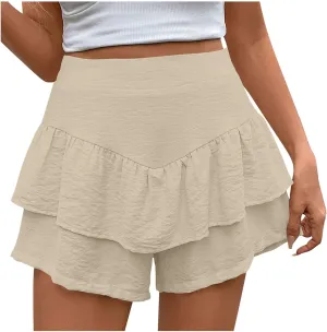 2025 Women's Summer Solid Color Shorts Ruffled High-Waisted Pleated Culotte Shorts  Trendy Casual Comfort Stretch