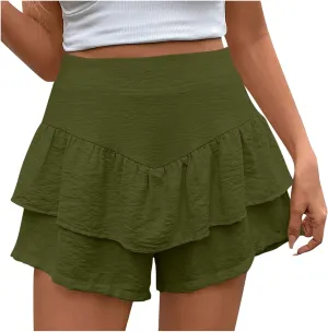 2025 Women's Summer Solid Color Shorts Ruffled High-Waisted Pleated Culotte Shorts  Trendy Casual Comfort Stretch
