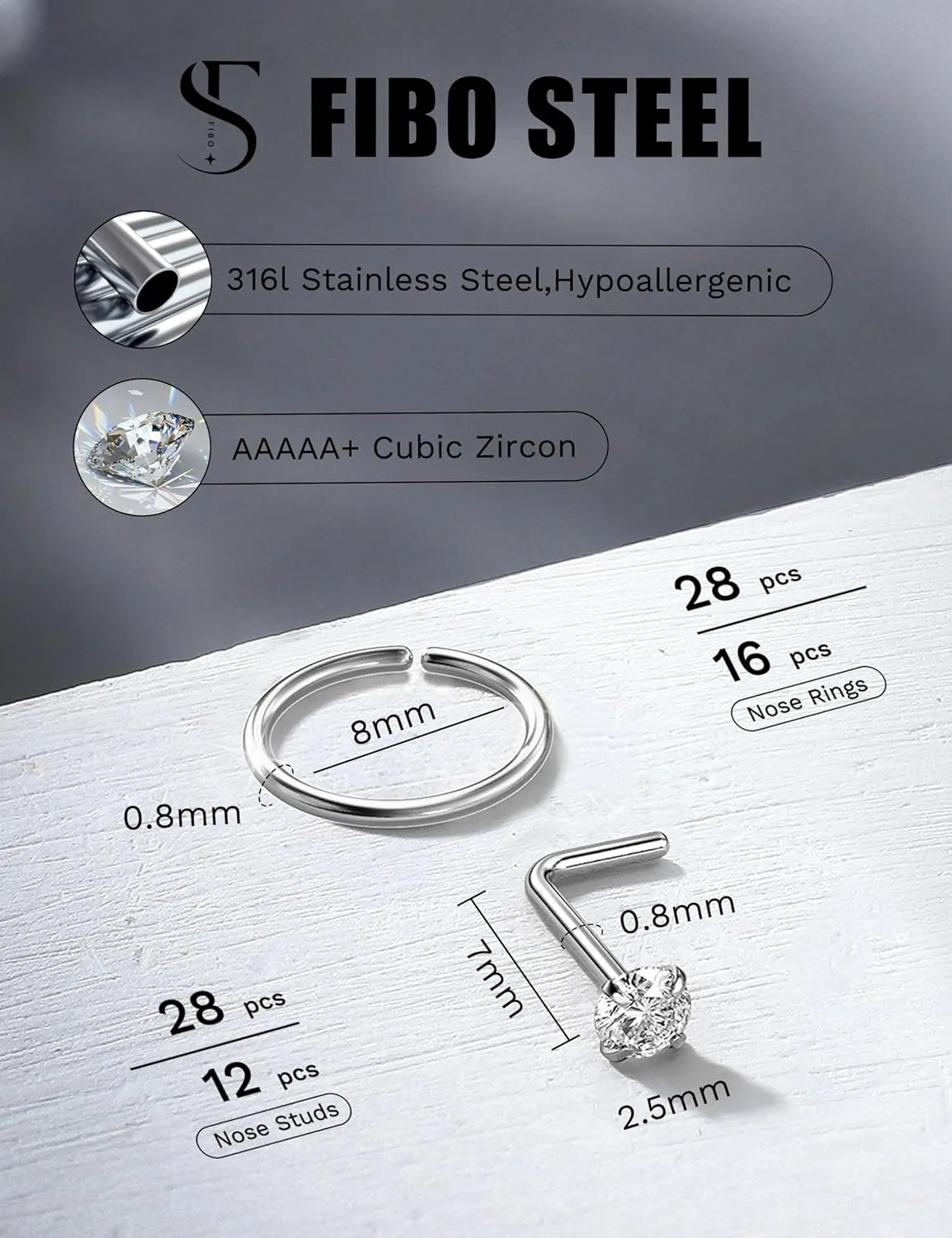 28PCS Hypoallergenic Nose Rings Hoops Studs - 316L Stainless Steel Nose Ring for Women Men - L Shaped CZ Nose Stud Hoop Nostril Piercings Jewelry Set 18G 20G 22G Silver Rose Gold Black Rainbow