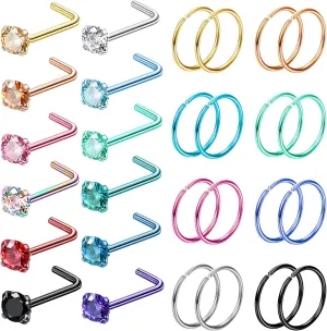 28PCS Hypoallergenic Nose Rings Hoops Studs - 316L Stainless Steel Nose Ring for Women Men - L Shaped CZ Nose Stud Hoop Nostril Piercings Jewelry Set 18G 20G 22G Silver Rose Gold Black Rainbow
